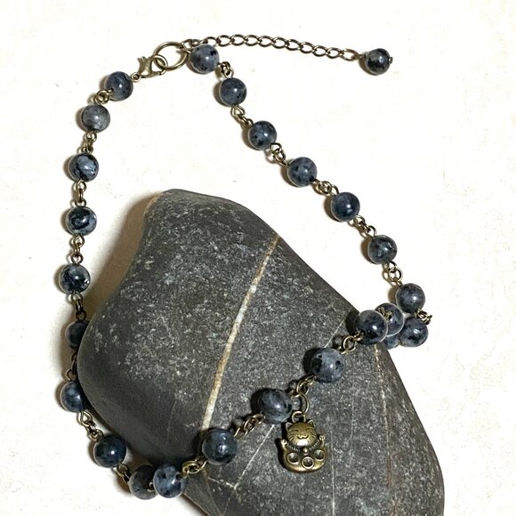 Natural Dark Larvikite Necklace, Bronze Fortune Cat + Genuine Gemstone Choker - Picture 4 of 14